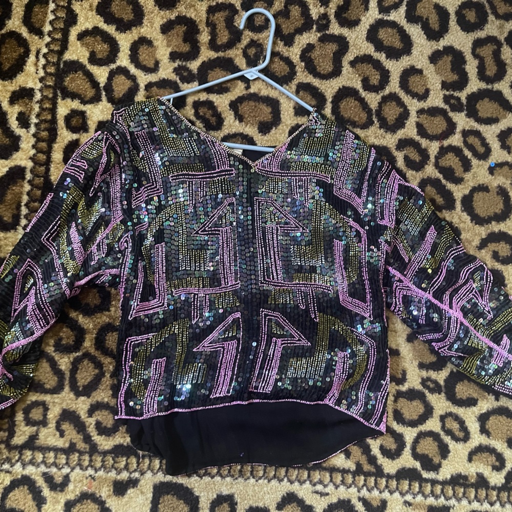 Heavily beaded & sequin small 80s vintage long sleeve top